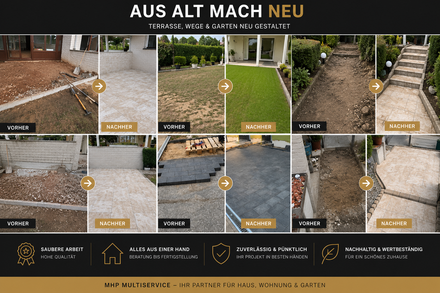 Vorher-Nachher Referenzen Außenanlagen, Terrasse, Wege und Garten